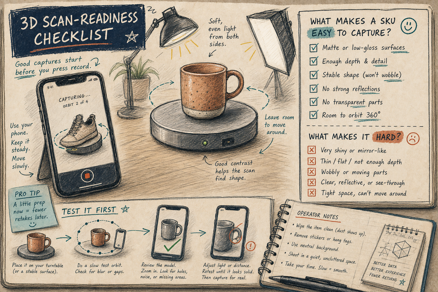 3D scan-readiness checklist sketch