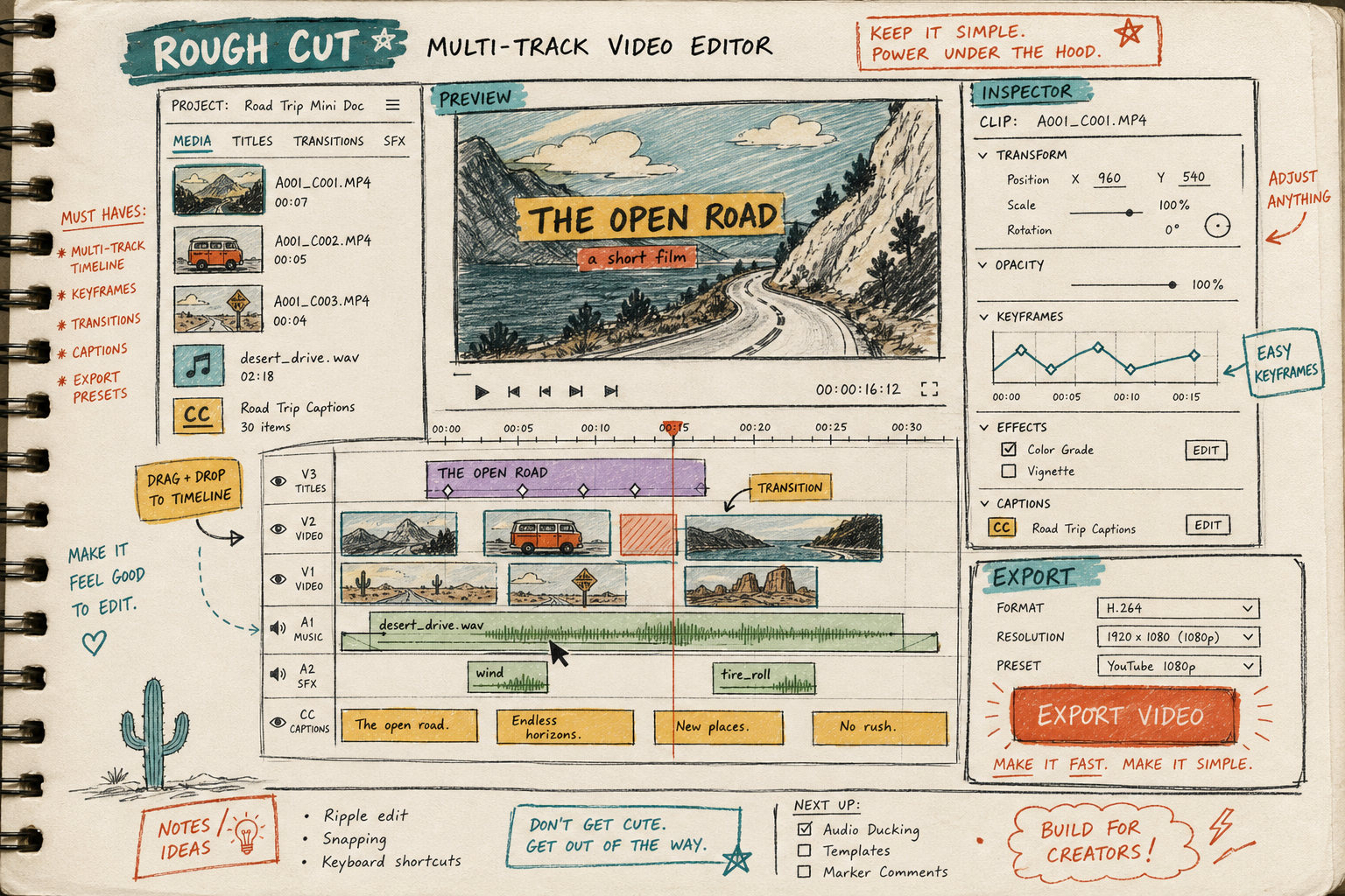 Multi-track editor with timeline and export controls