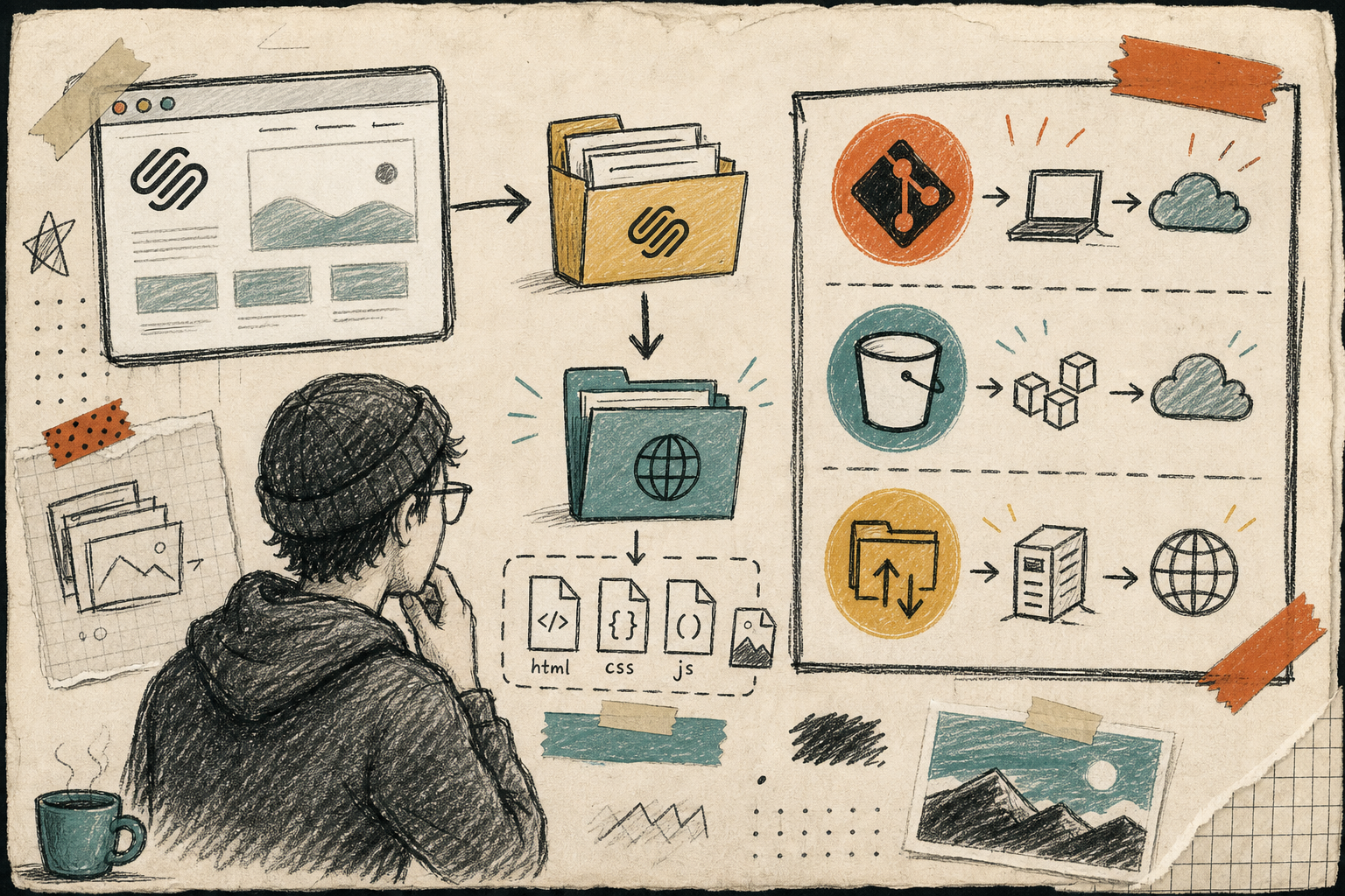 Hand-drawn export checklist for Squarespace to static hosting
