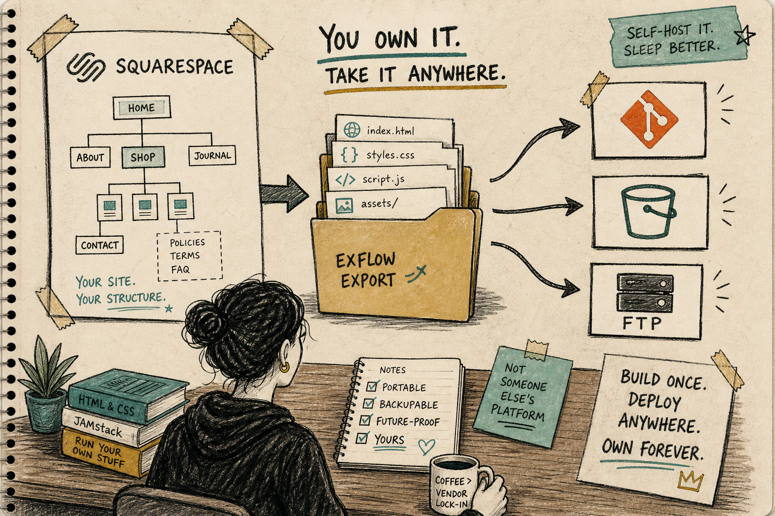 Sketchbook view of Squarespace exporting into a portable site folder