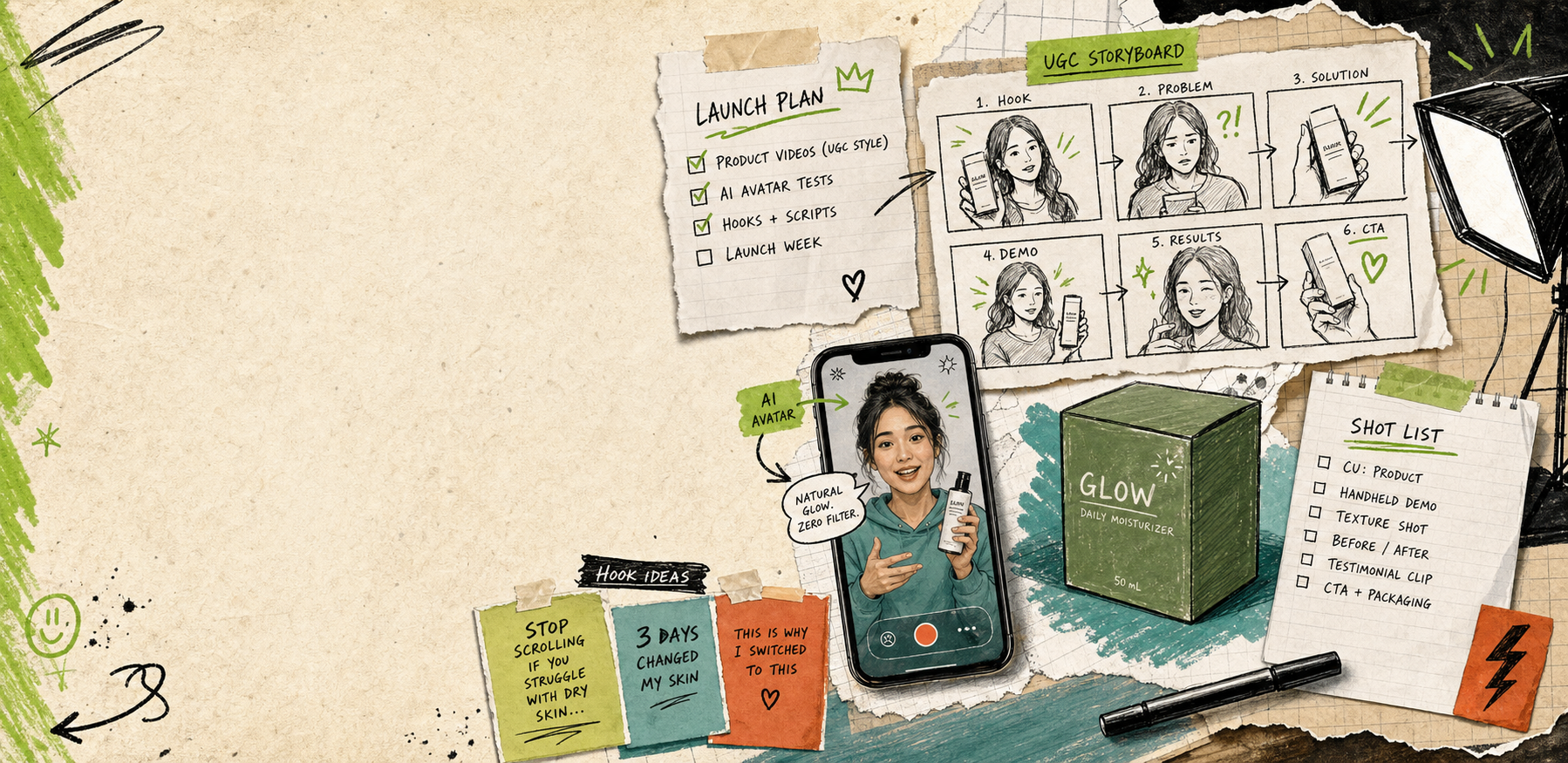 Hand-drawn launch board for a Shopify UGC video workflow