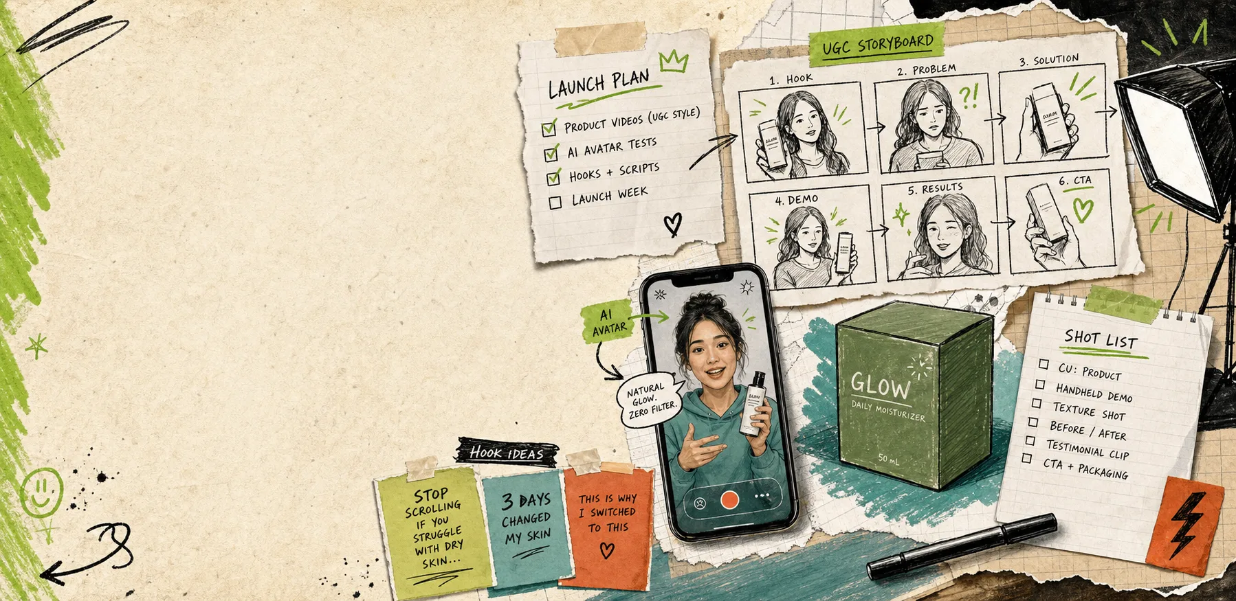 Hand-drawn launch board for a Shopify UGC video workflow