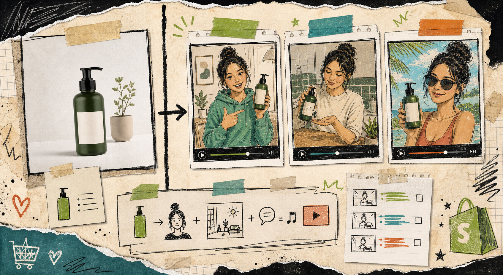 Split-view product brief turning into three UGC video variations
