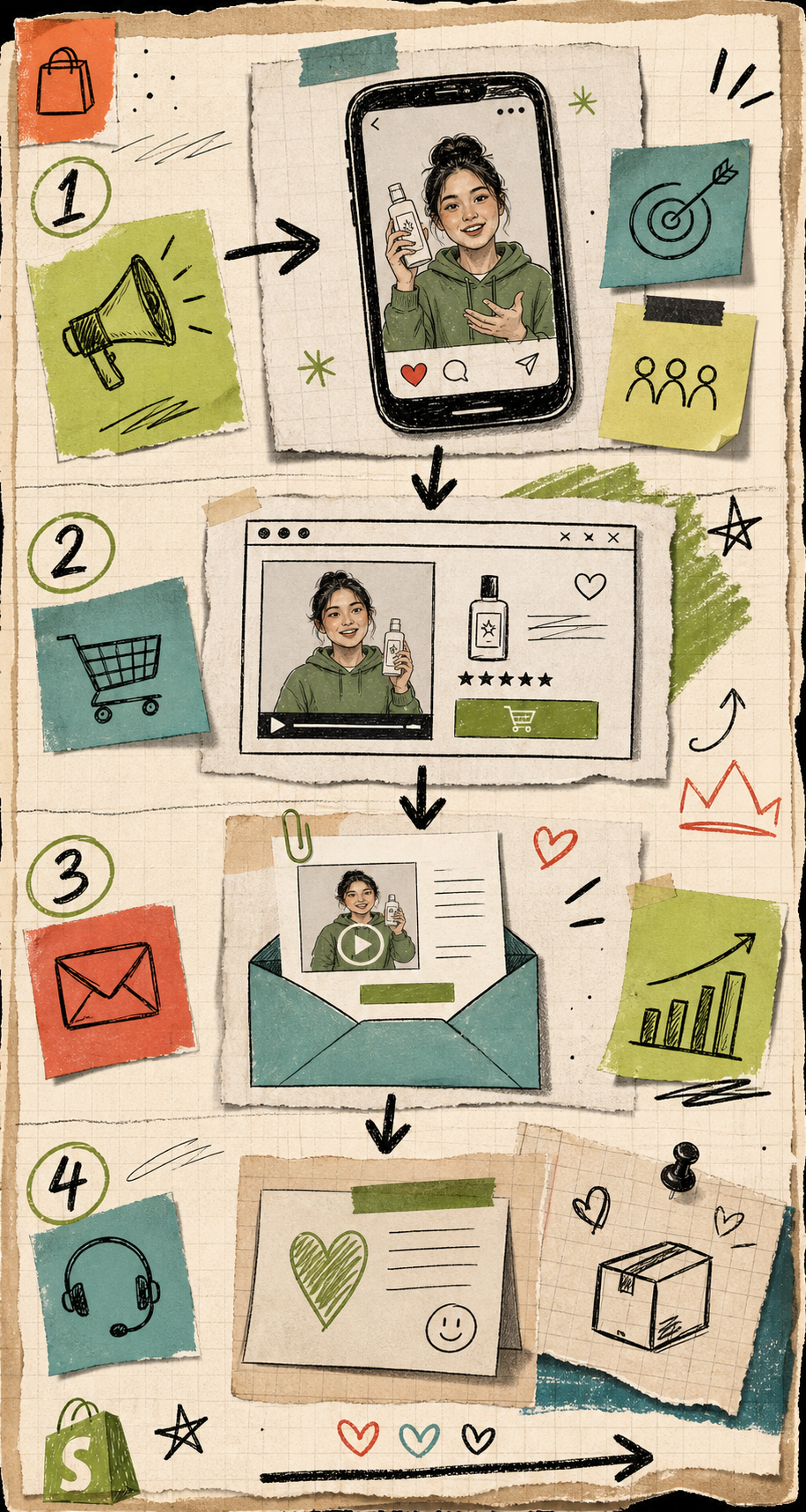 Hand-drawn funnel showing one UGC video used across ad, product page, email, and support