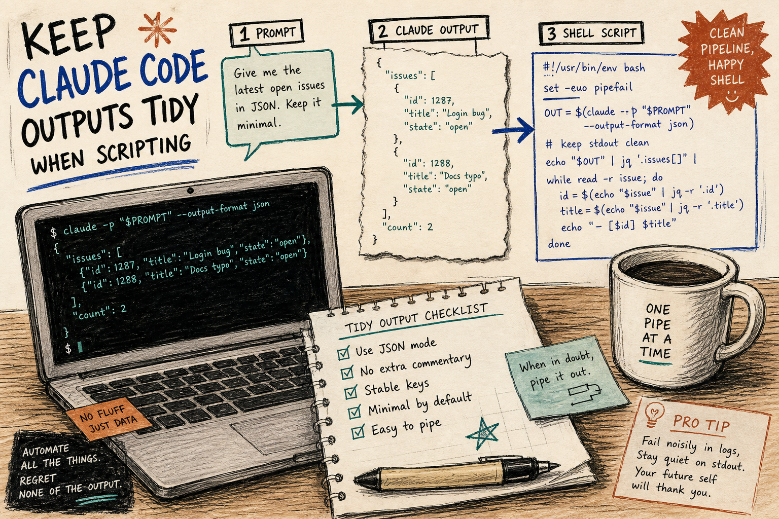 Notebook desk with terminal output and JSON-like notes