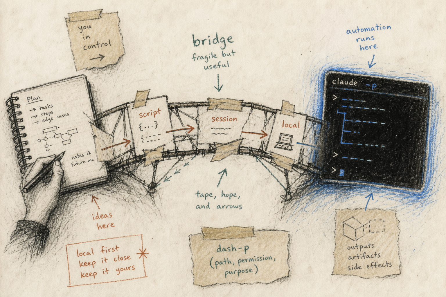 Paper bridge between a keyboard and a terminal for local automation