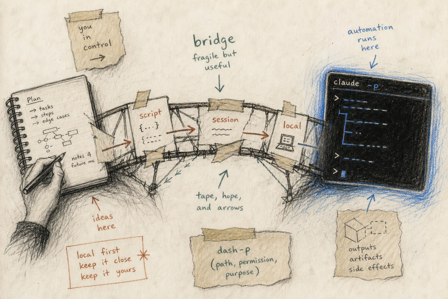 Paper bridge between a keyboard and a terminal for local automation