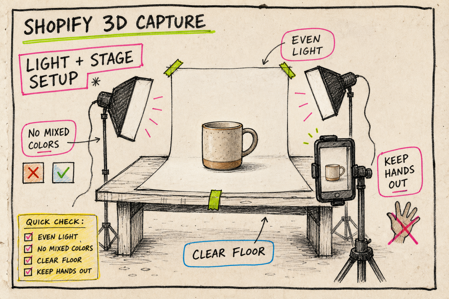 Lighting and staging setup for Shopify 3D product capture