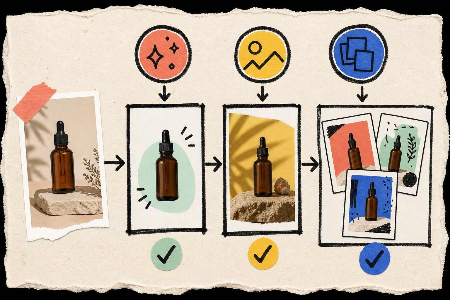 Hand-drawn product-image workflow checkpoints