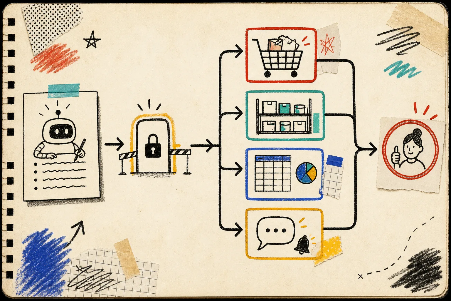 Hand-drawn map of a scoped Shopify AI agent workflow