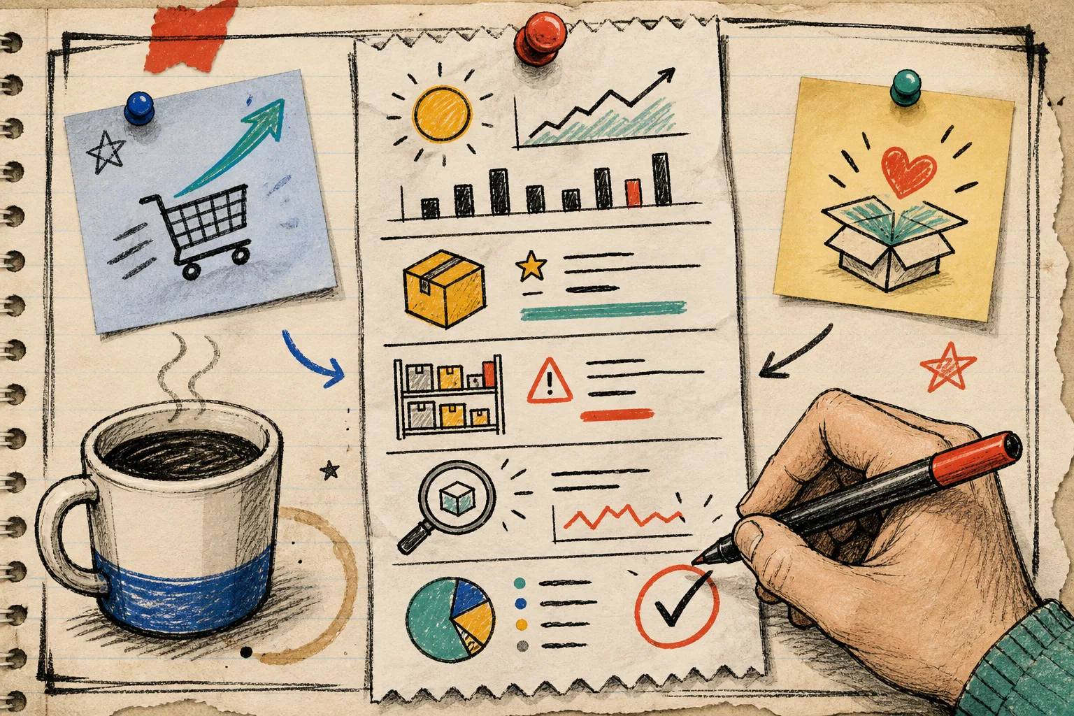 Hand-drawn morning Shopify report with human approval