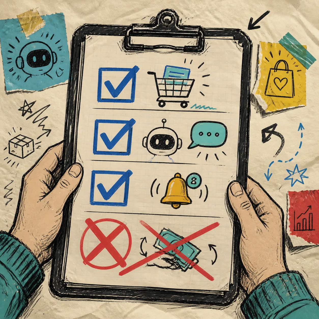 Hand-drawn permissions checklist for an ecommerce AI assistant