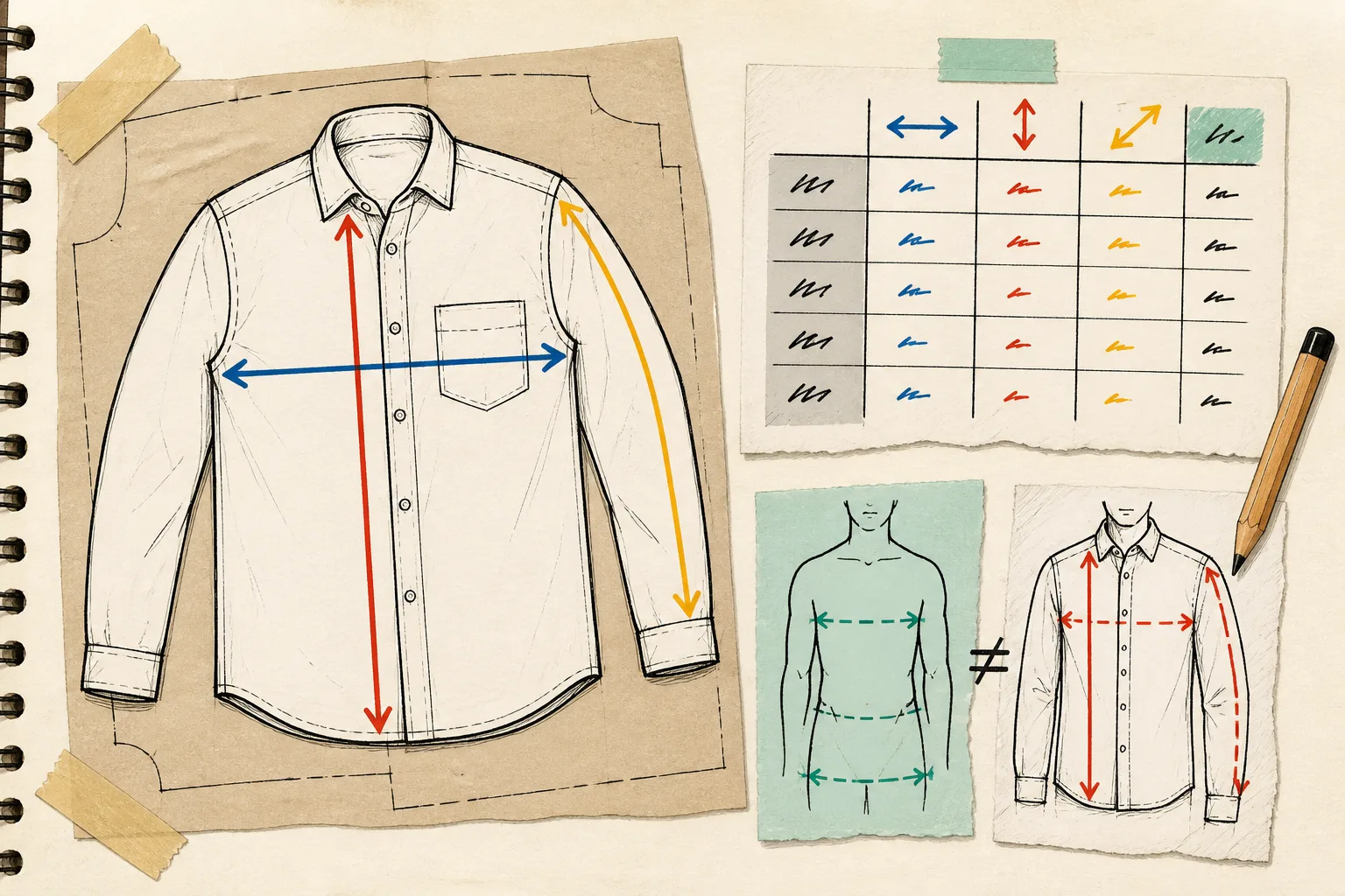 Hand-drawn flat garment measurement guide