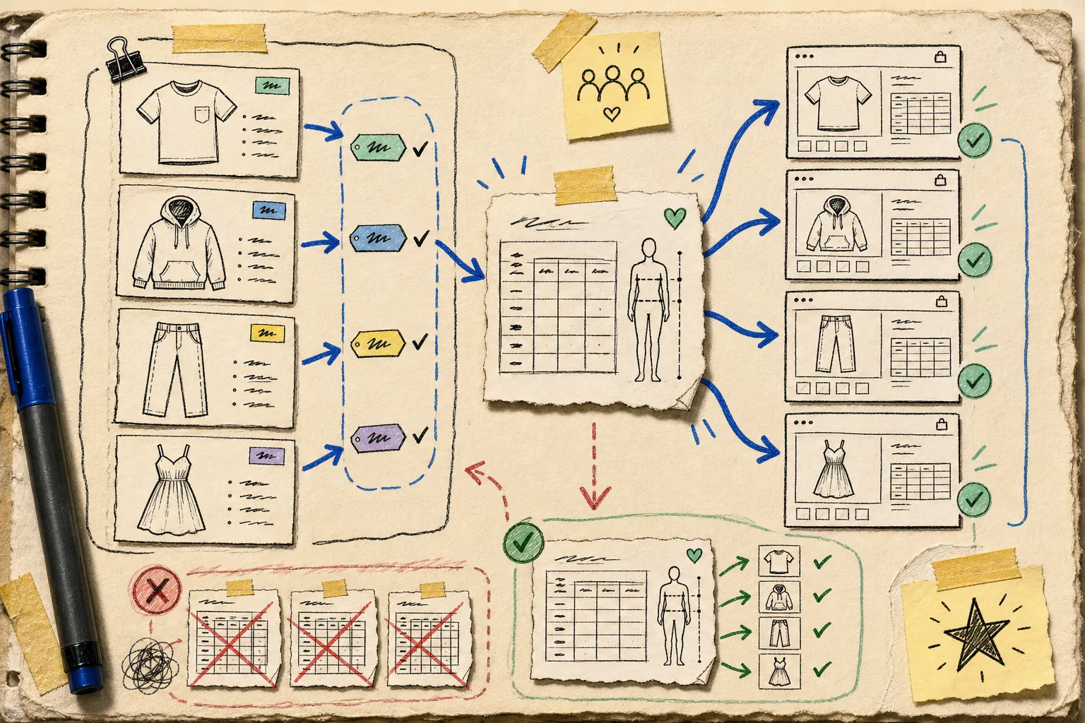 Hand-drawn Shopify size-chart assignment workflow