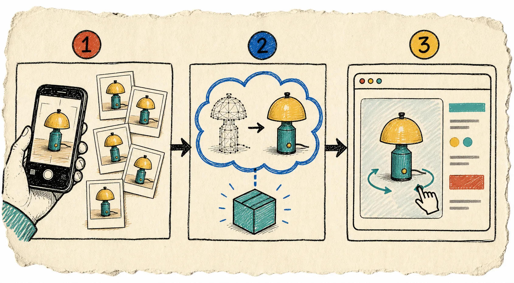 Three hand-drawn stages: phone photos, photogrammetry processing, and a Shopify 3D product viewer