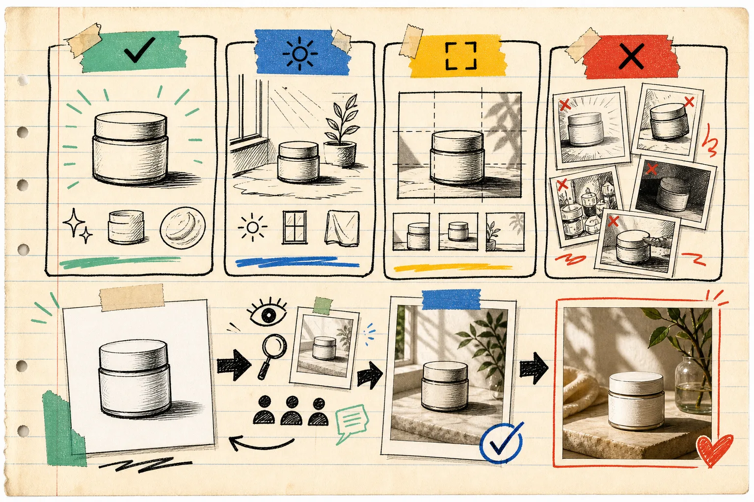 Hand-drawn photo direction card with product truth, scene, framing, and reject checks
