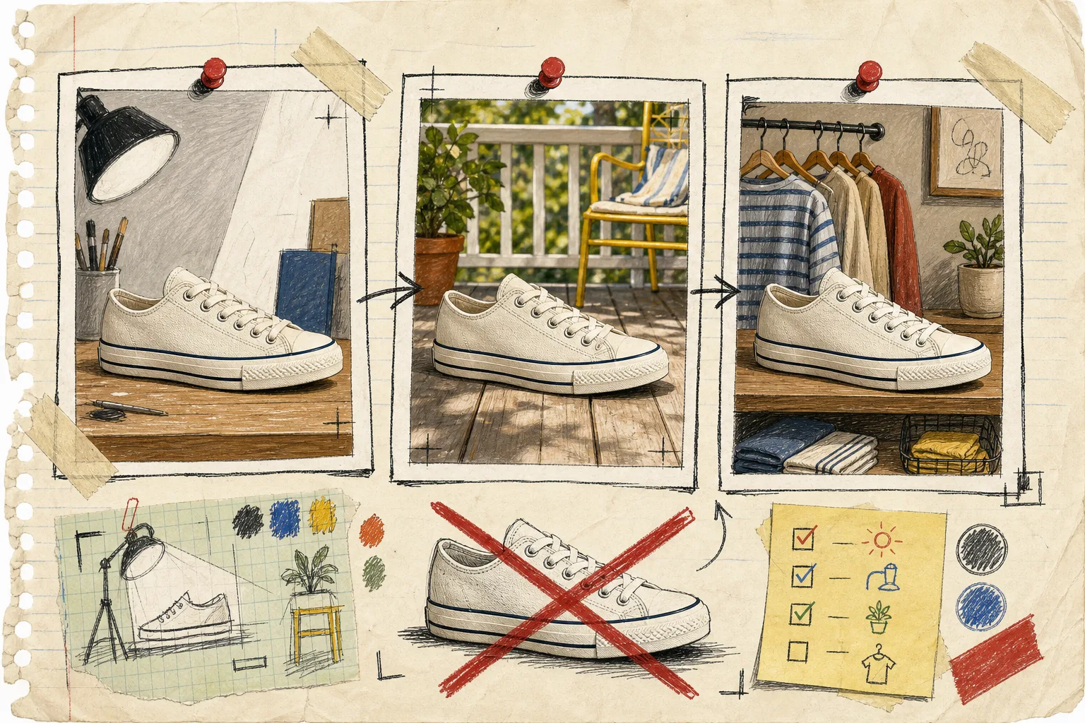 Hand-drawn contact sheet showing one consistent product in three lifestyle scene jobs