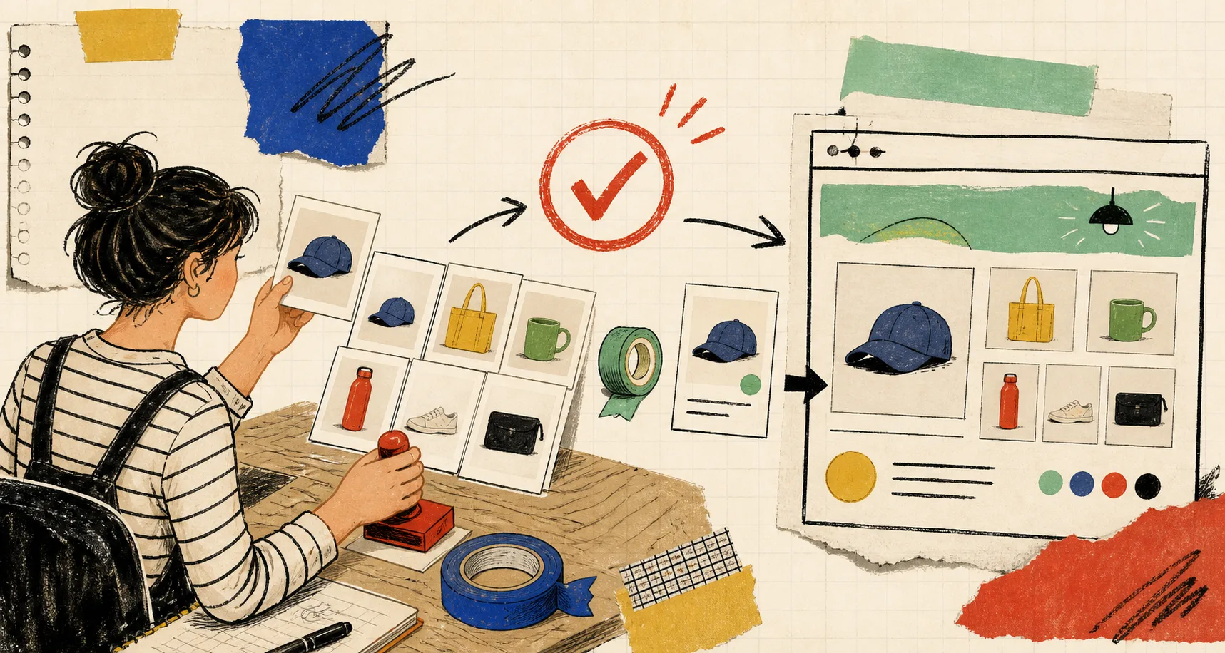 Hand-drawn ecommerce operator approving consistent product photo cards before a storefront update
