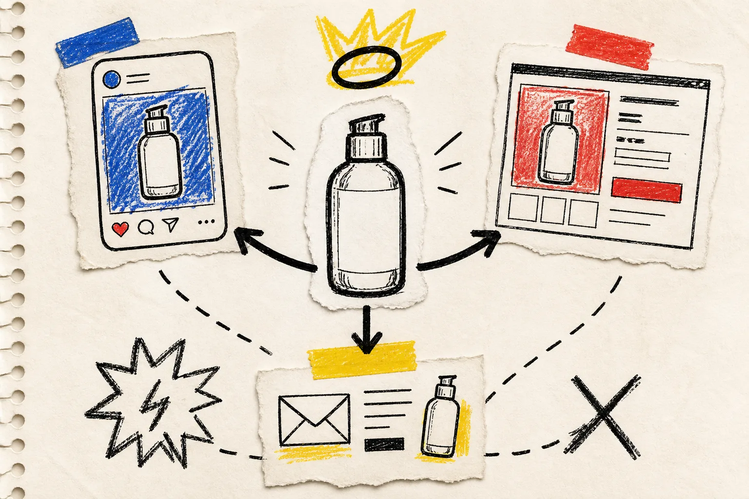 Hand-drawn map of one product used across ecommerce video placements