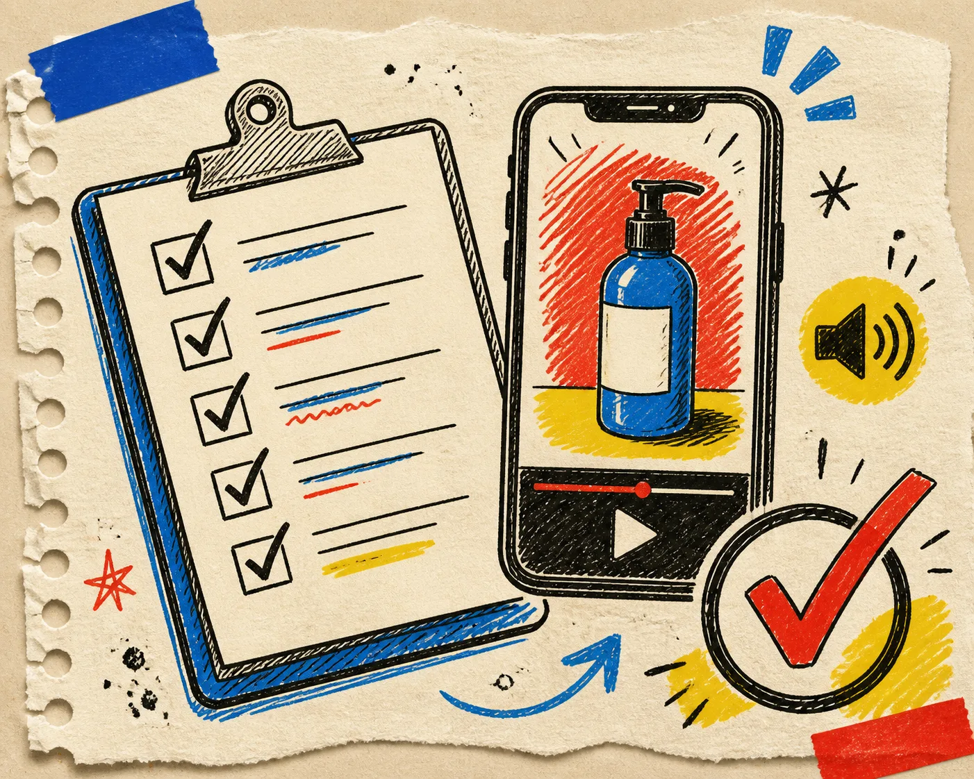 Hand-drawn checklist for checking a product video before publishing