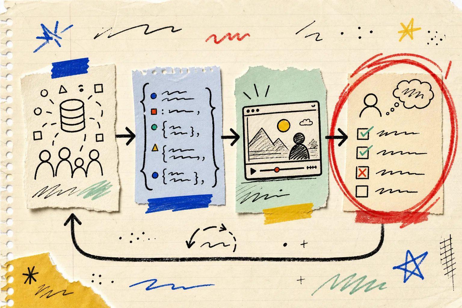 Hand-drawn AI video draft review workflow map