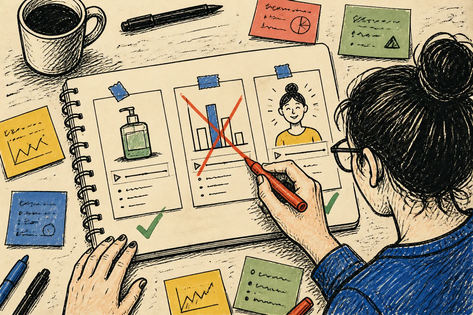 Operator reviewing customer recap video storyboard exceptions