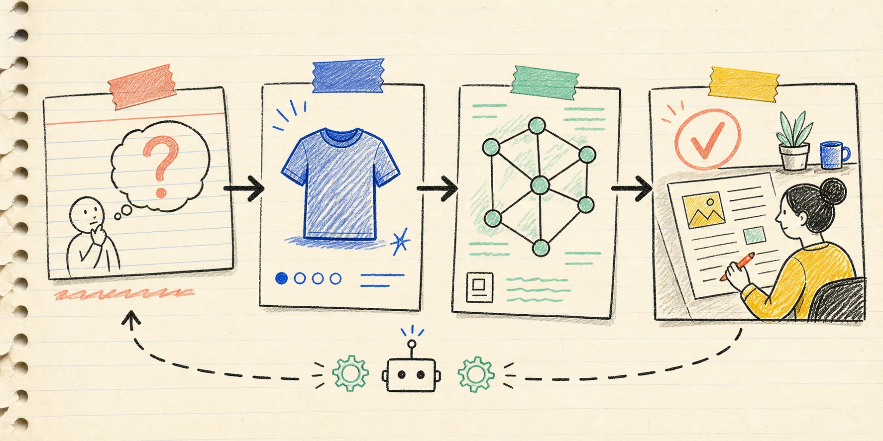 Hand-drawn content workflow from shopper question to reviewed article