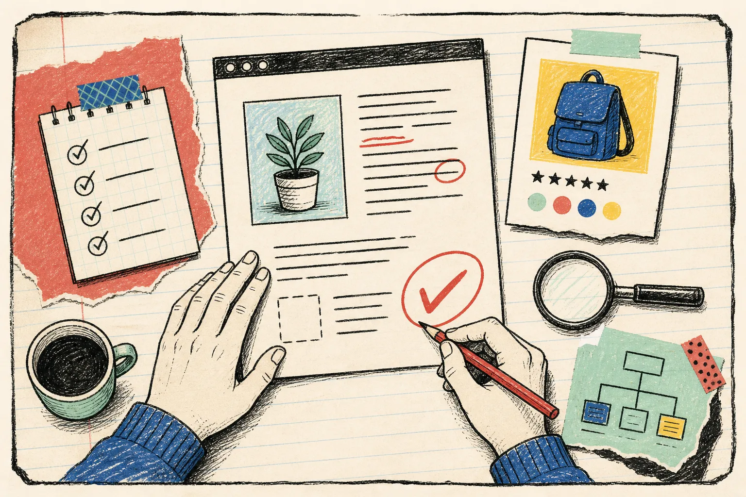 Hand-drawn editorial review desk for ecommerce content