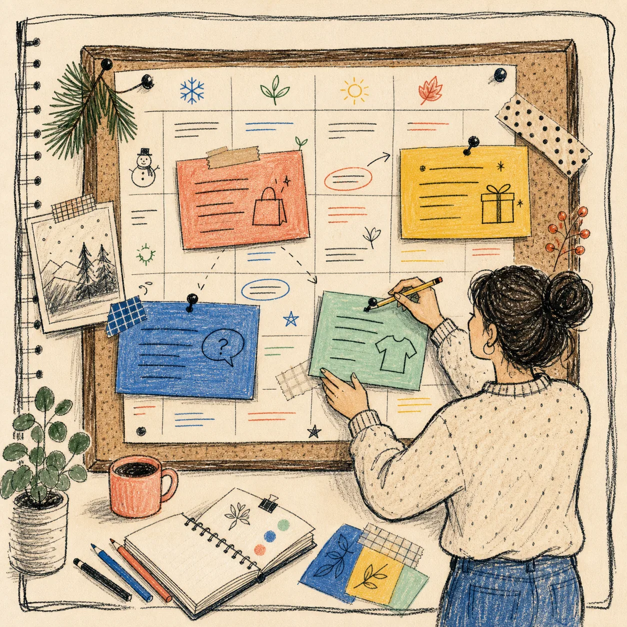 Hand-drawn seasonal ecommerce content calendar