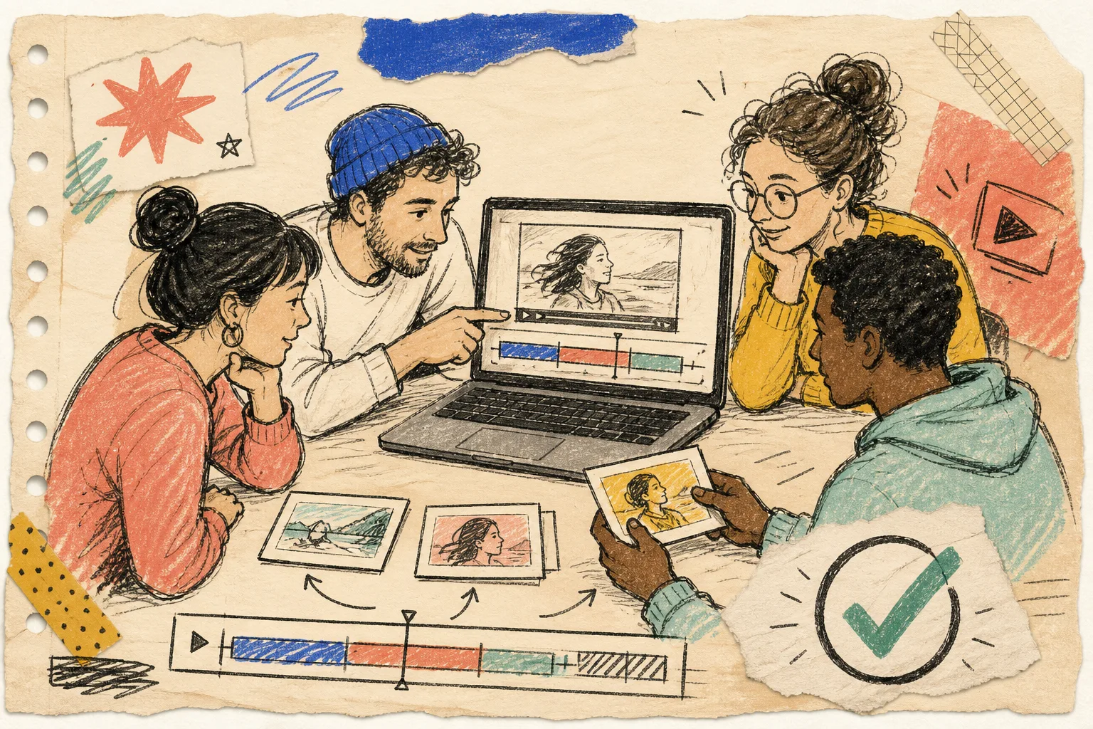 Hand-drawn human review checkpoint for customer video drafts