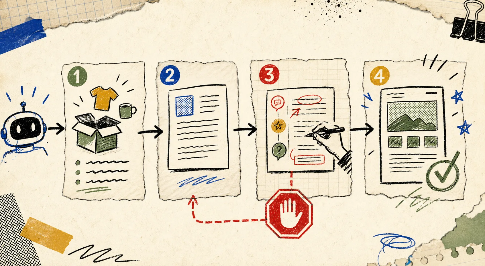 Hand-drawn review-first content workflow