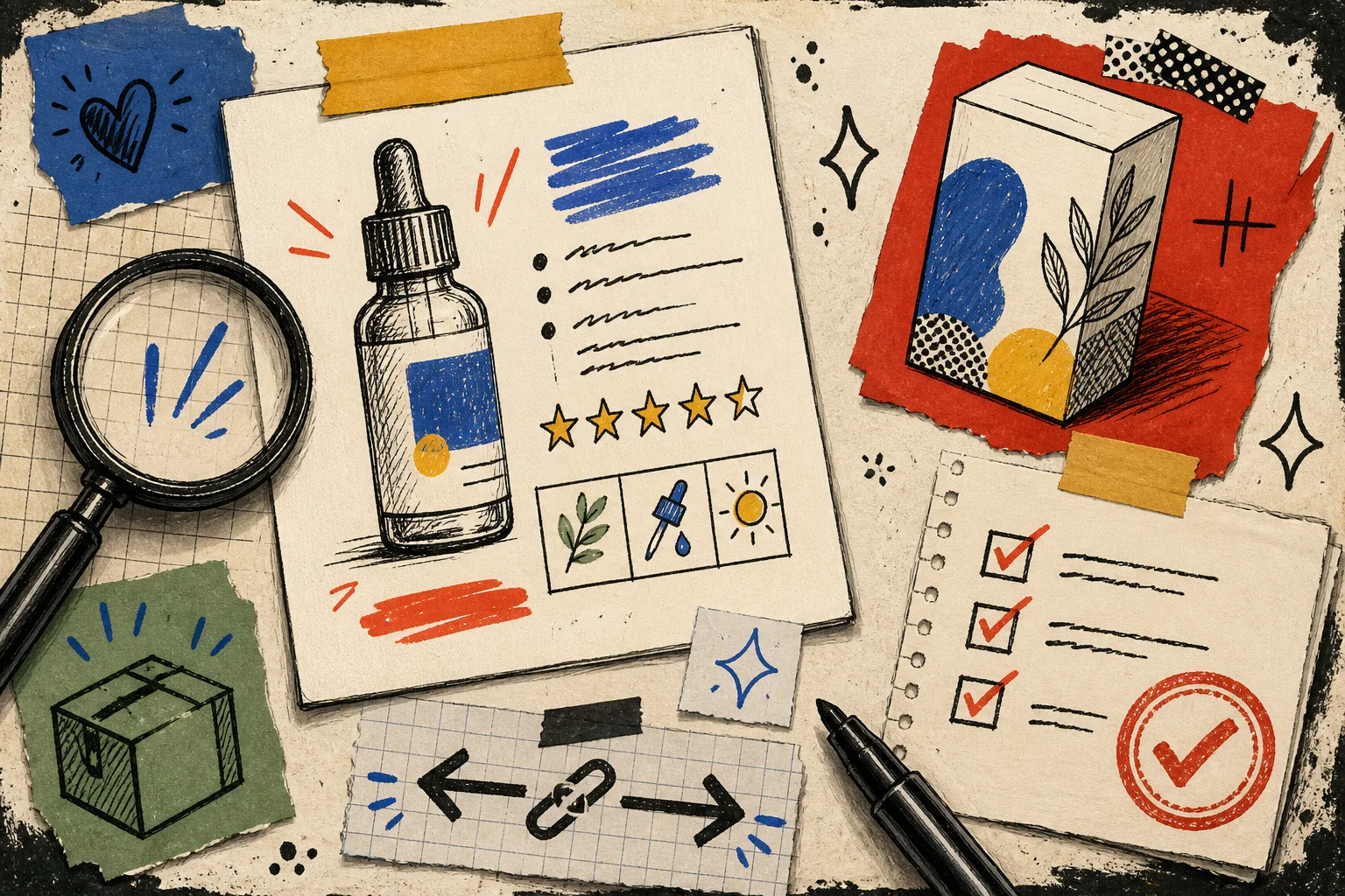 Hand-drawn ecommerce content QA kit