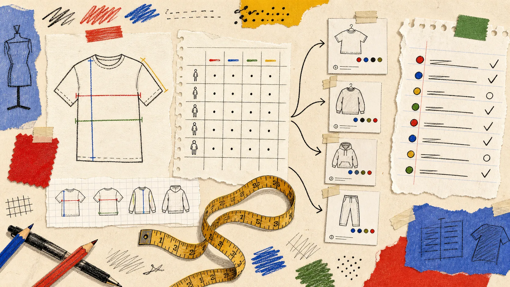 Hand-drawn Shopify size chart system audit notebook