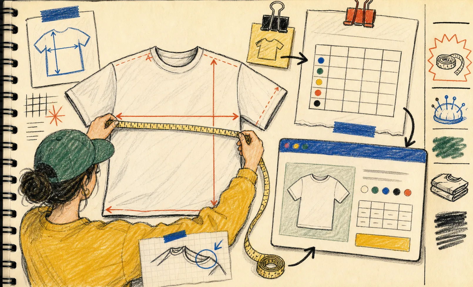 Hand-drawn guide to measuring a garment flat for a size chart