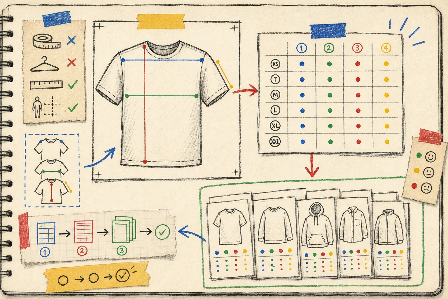 Hand-drawn map of a size chart applied across a Shopify collection