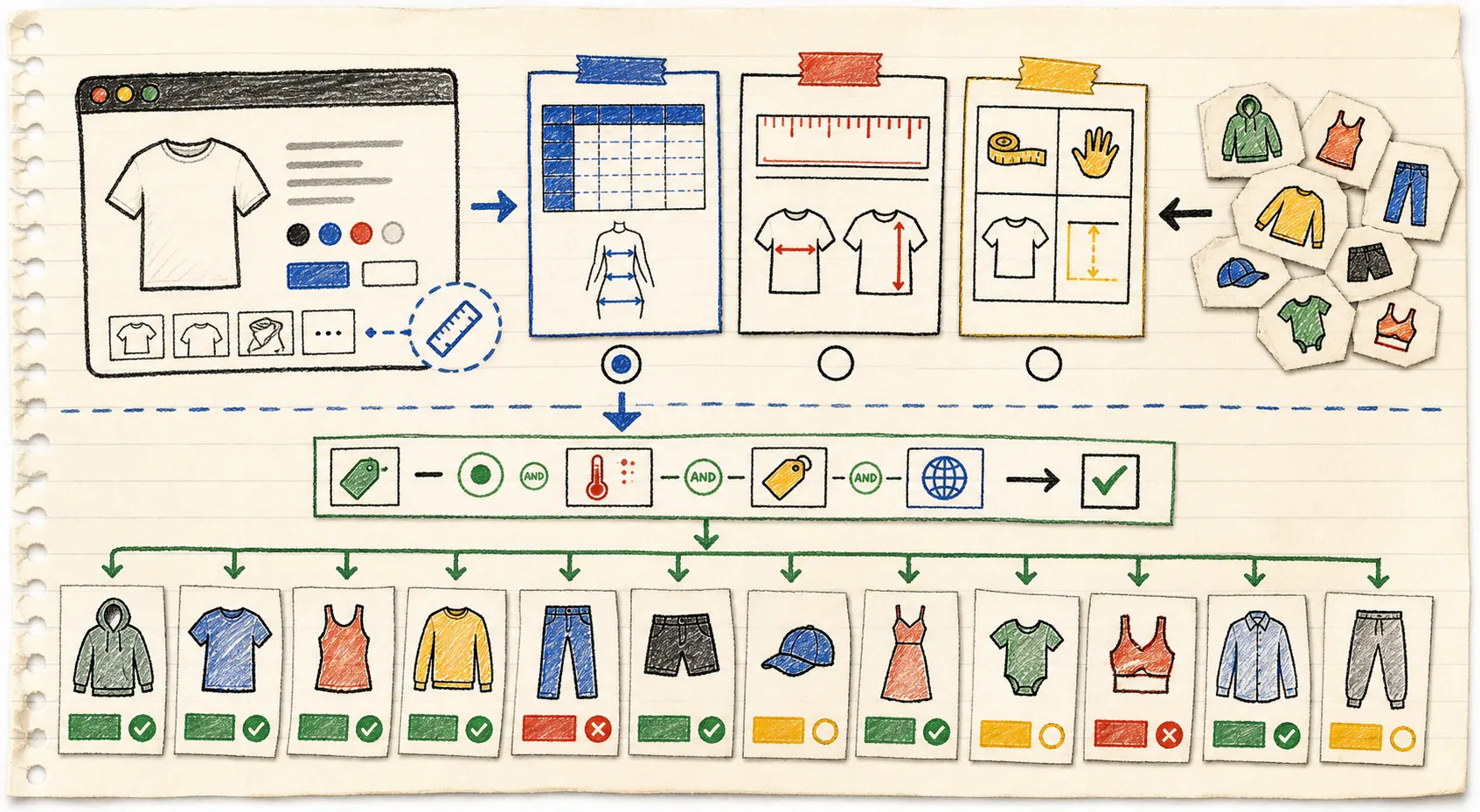 Hand-drawn size guide display and coverage decision map