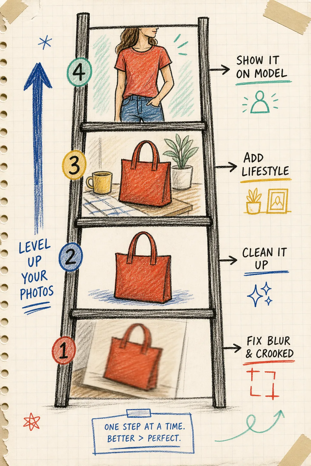 Hand-drawn ladder for choosing a product photo edit