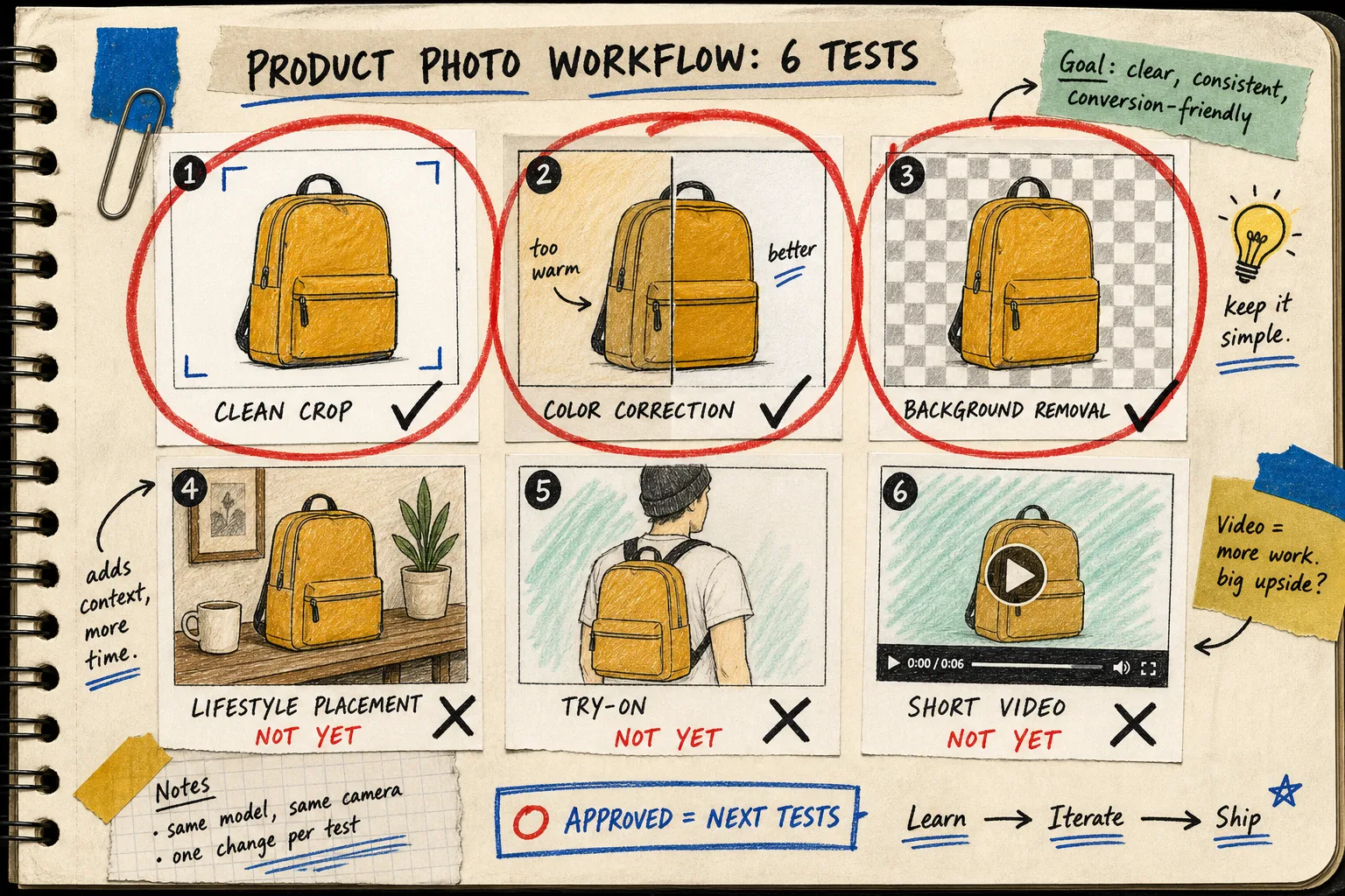 Hand-drawn product photo experiment contact sheet