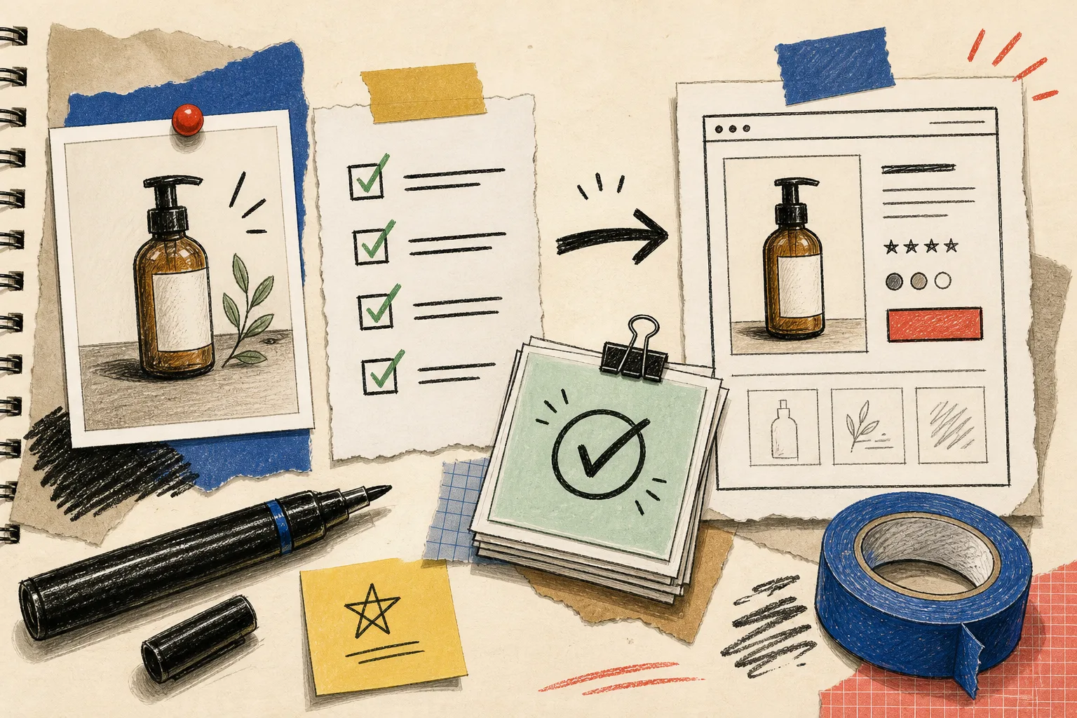Hand-drawn approved product photo workflow desk