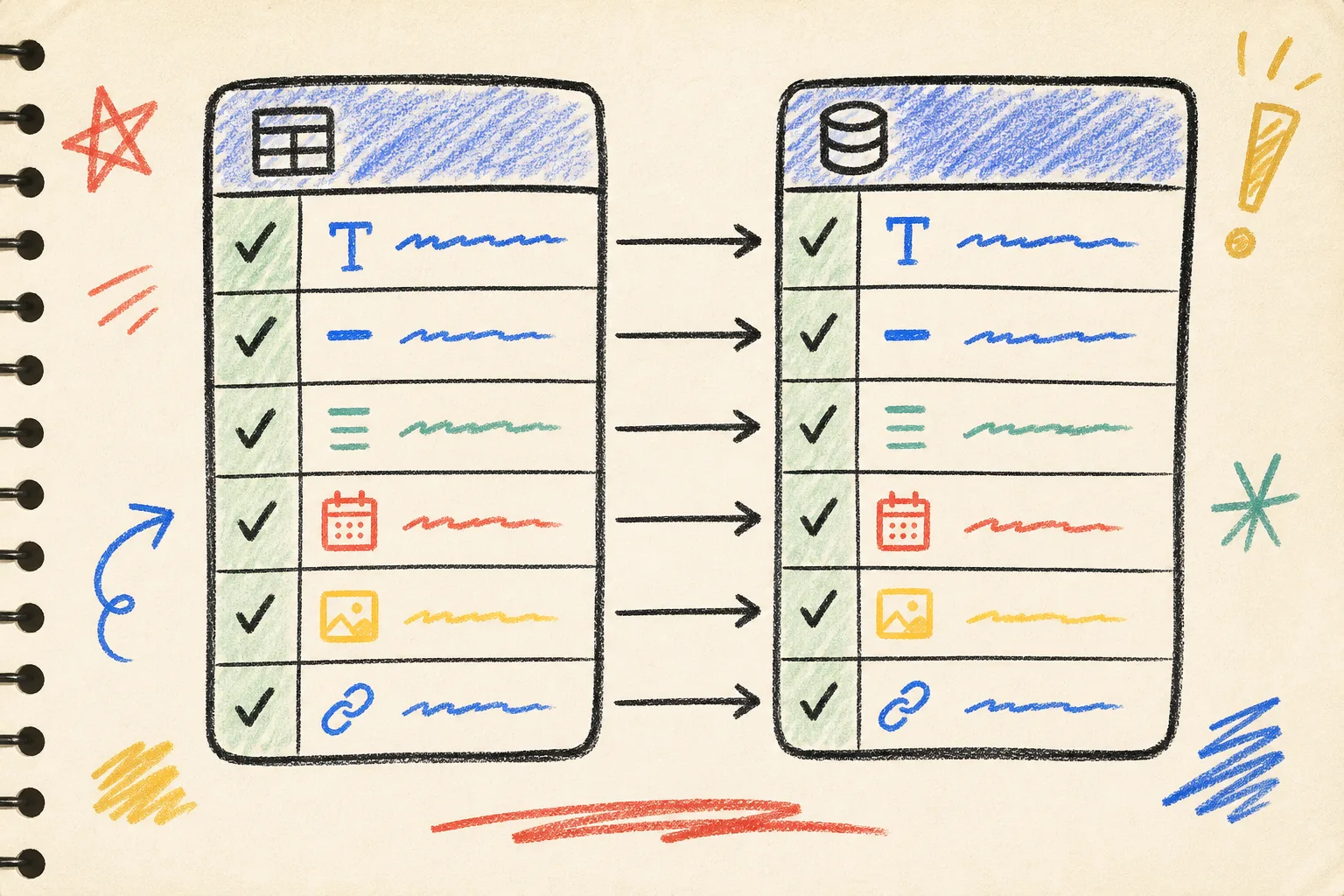 Hand-drawn CMS field mapping checklist