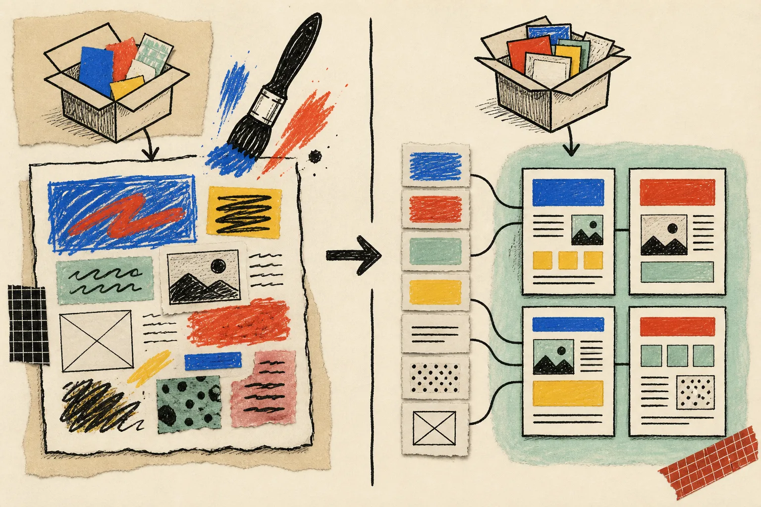 Hand-drawn comparison of content styling paths