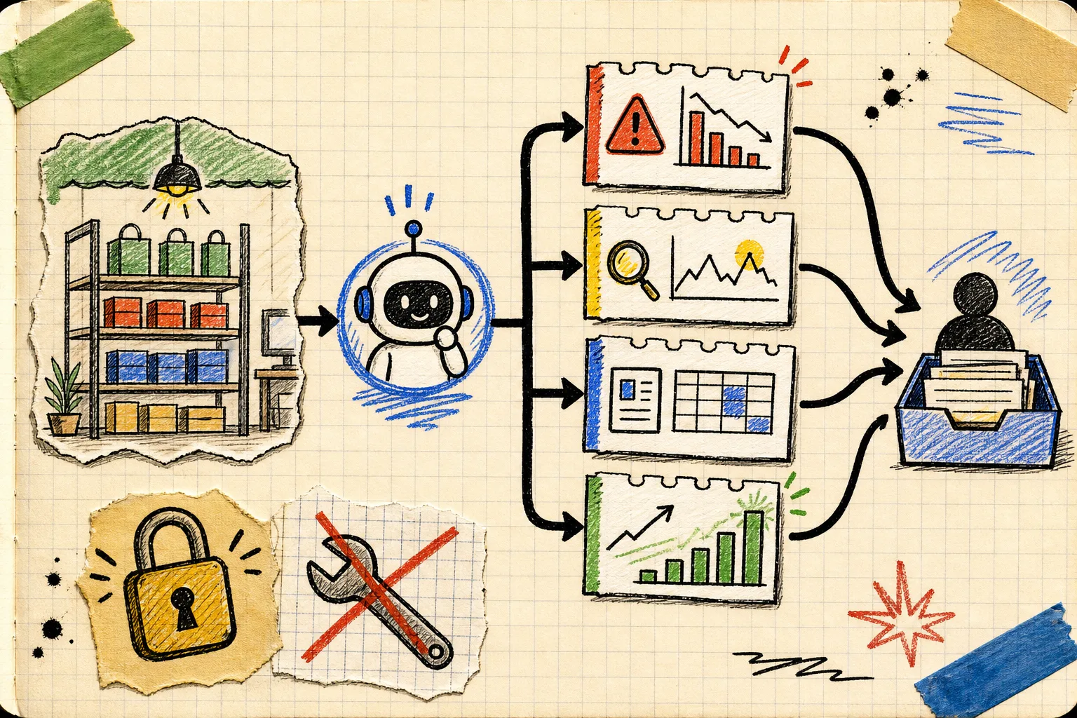Hand-drawn map of a read-only Shopify exception-report workflow