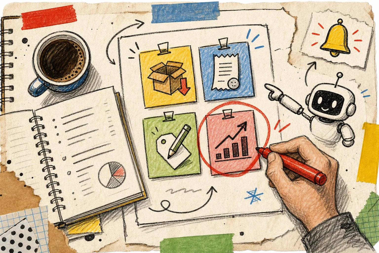Hand-drawn morning ecommerce triage board with issue cards and a human reviewing them