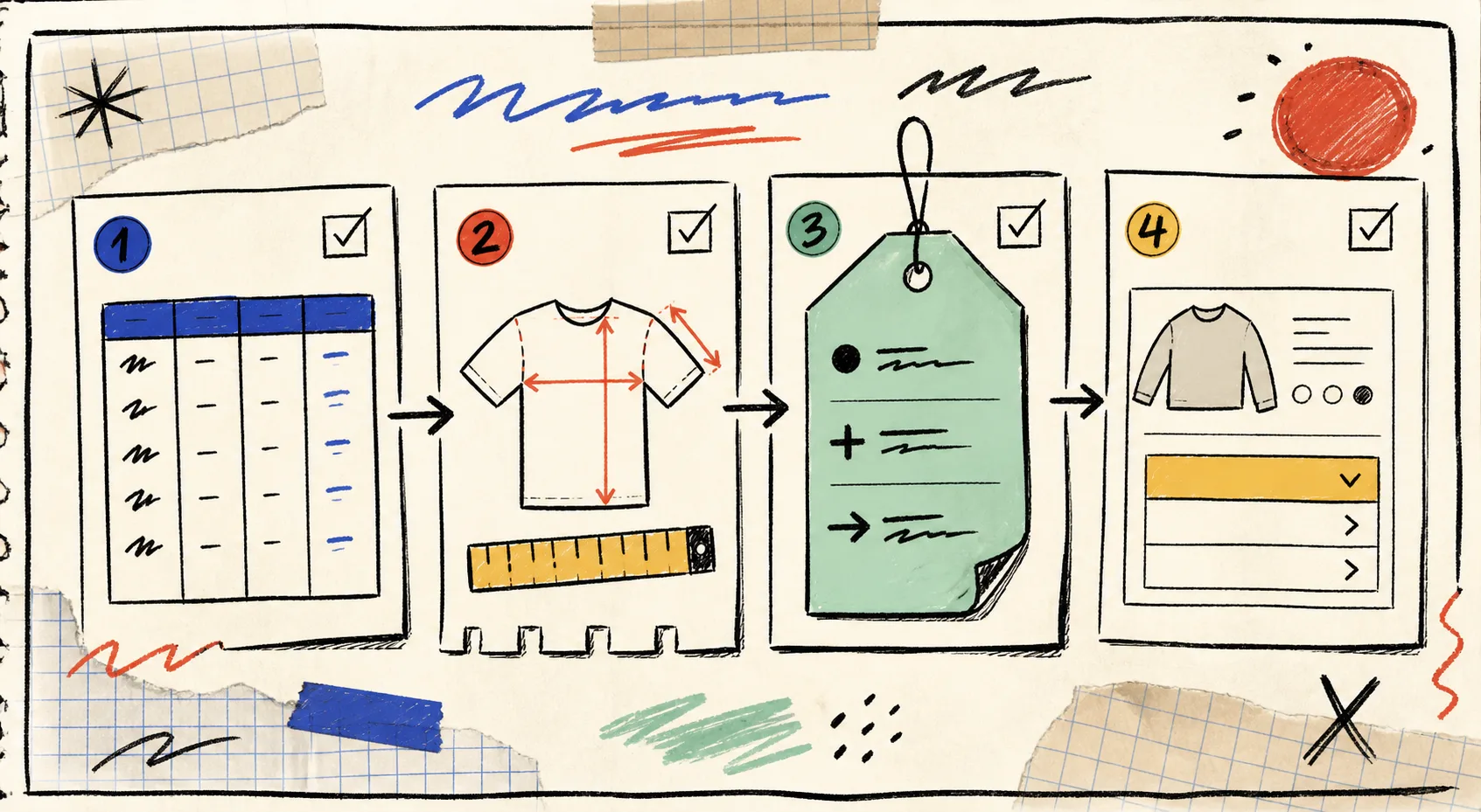 Hand-drawn four-step Shopify size guide system checklist