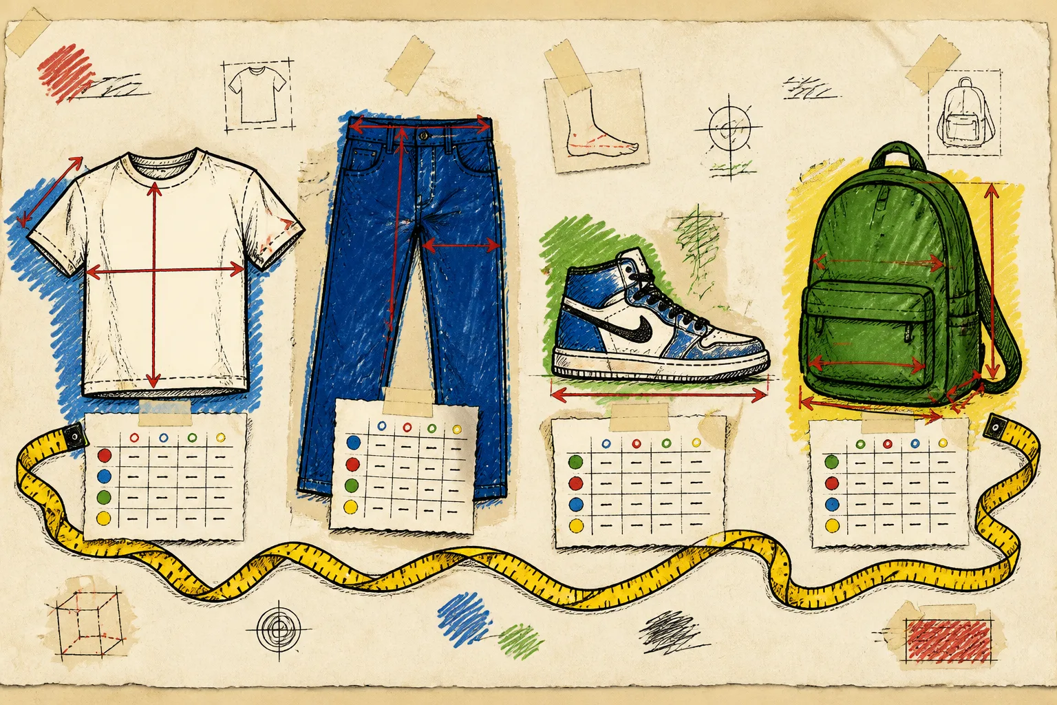 Hand-drawn apparel, footwear and accessory measurement guide