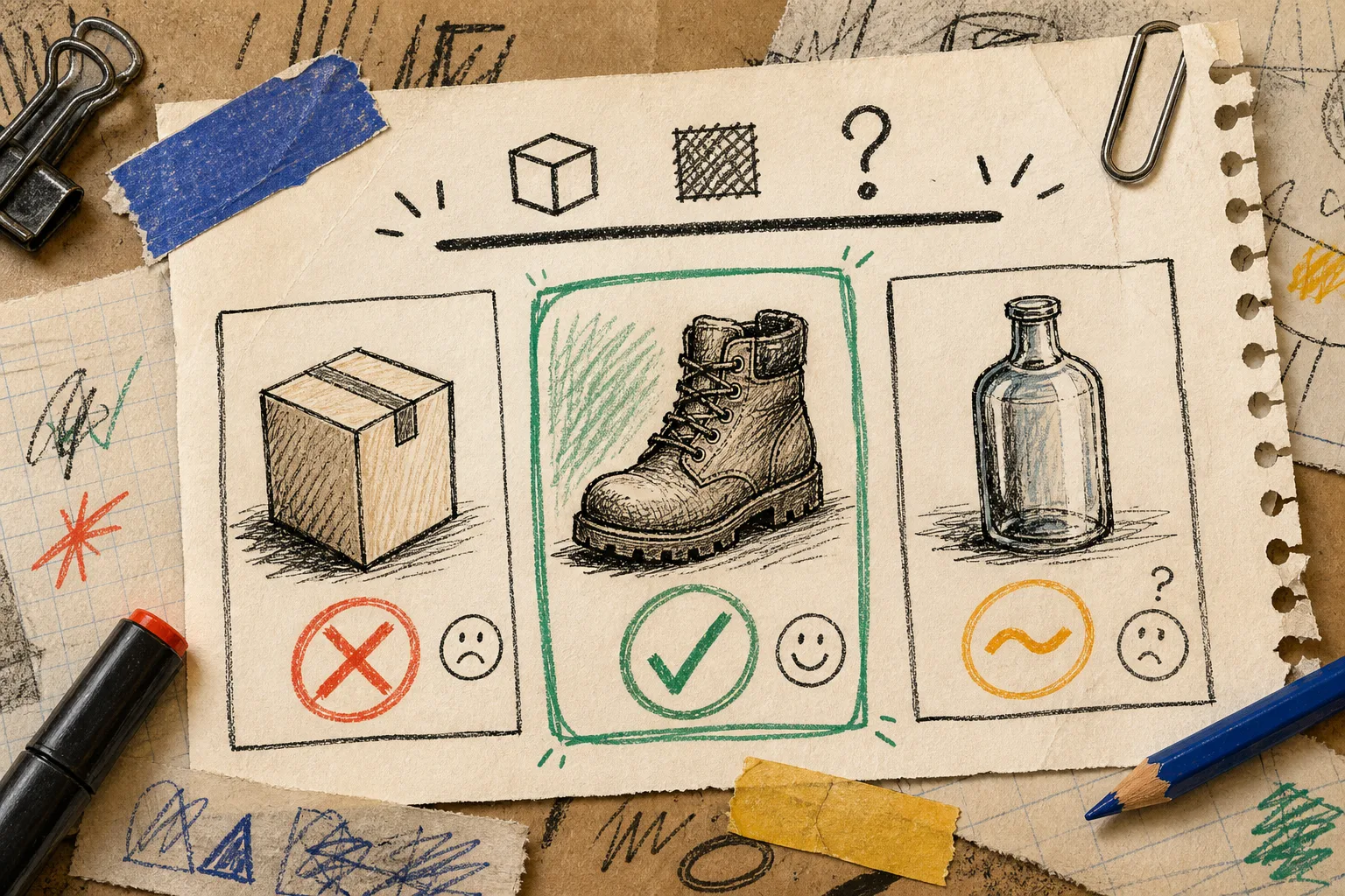 A hand-drawn product selection card comparing an easy box, a textured boot, and a tricky glass bottle
