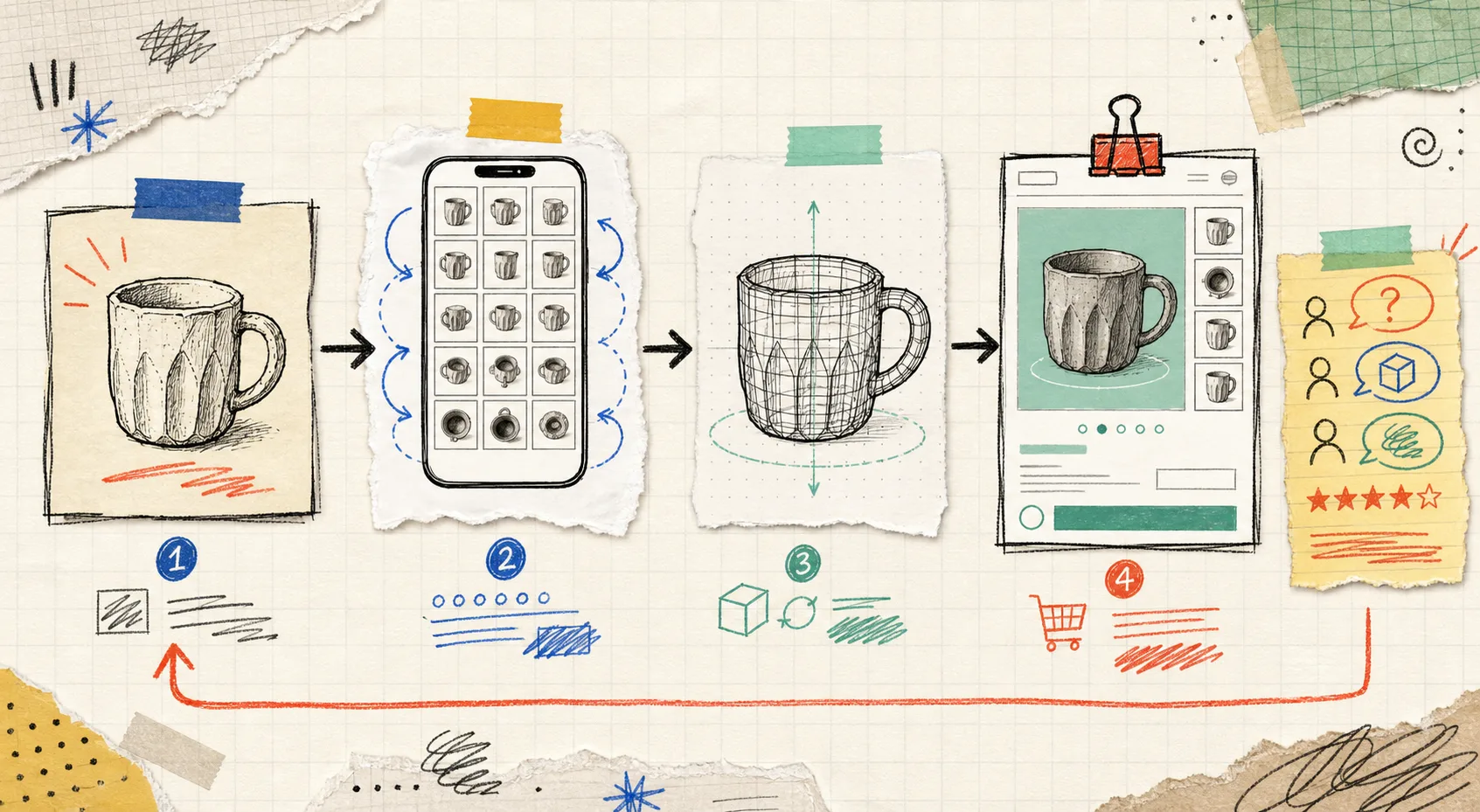 Hand-drawn workflow from a physical product, through phone capture and a wireframe model, into a product page