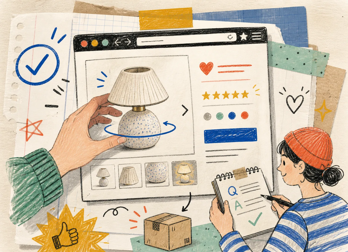 Hand-drawn shopper rotating a 3D lamp on a product page while an operator reviews customer questions