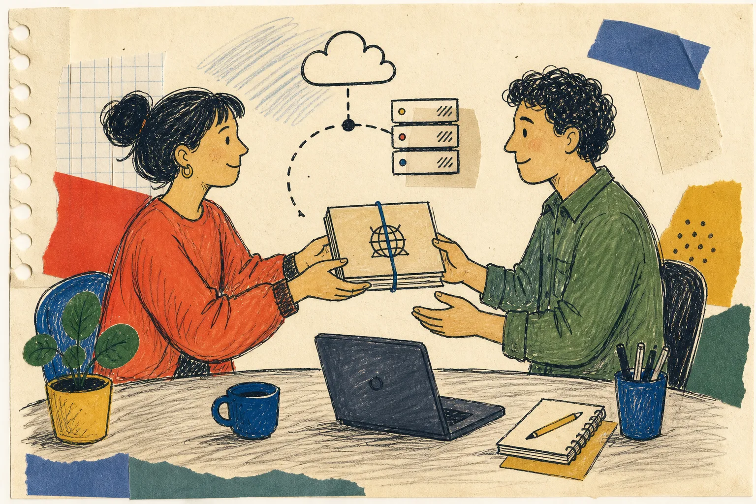 Hand-drawn client handoff for static site files