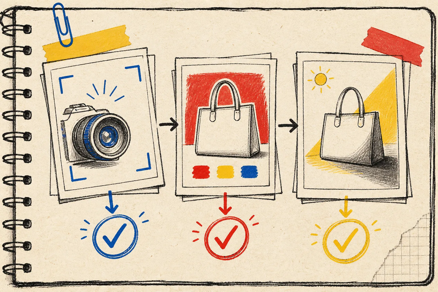 Hand-drawn three-pass product photo quality check